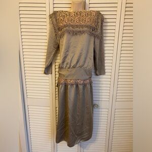 Vintage Jessica McClintock Satin Lace Blouse Skirt Set Edwardian Regency Gatsby